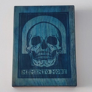 Memento Mori cyanotype on oak wood wall decoration