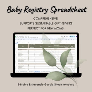 May include: A screenshot of a Google Sheet spreadsheet template titled "Baby Registry Spreadsheet". The spreadsheet is designed to help new parents track gifts for their baby. The spreadsheet includes columns for item name, details, pre-loved items, registered at, registry total, units needed, and units in hand.
