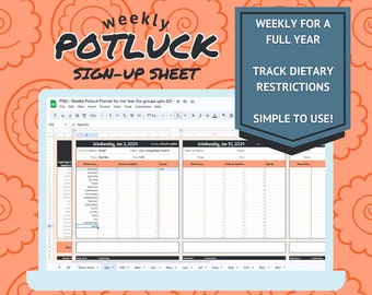 May include: A screenshot of a Google Sheet template for a weekly potluck sign-up sheet. The template is designed for groups of up to 20 people and includes a section for tracking dietary restrictions. The sheet is editable and shareable, making it easy to plan and organize potlucks.