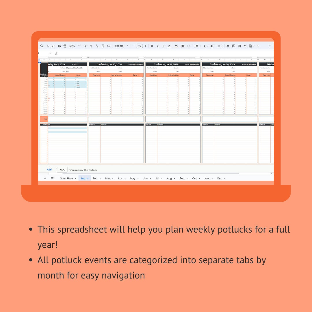 Weekly Potluck Sign-up Sheet Planner Online Spreadsheet Google Sheet ...