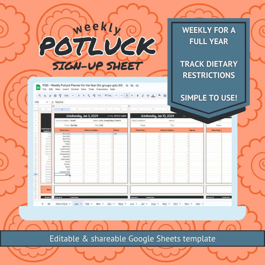 Weekly Potluck Sign-up Sheet Planner Online Spreadsheet Google Sheet ...