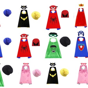 May include: Set of ten superhero capes and masks for kids. The capes are in various colors, including red, blue, green, black, and pink. Each cape has a different superhero symbol, including Wonder Woman, Batman, Spiderman, Hulk, and Captain America. The set also includes matching hats.
