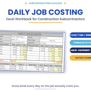 May include: A digital Excel workbook for construction subcontractors titled Daily Job Costing. The image displays a spreadsheet with columns for employee names, rates, hours, and costs, alongside buttons labeled 5 Daily Tabs + Weekly Rollup, Formulas Do The Math, Labor Equipment Suppliers, and Instant Download.