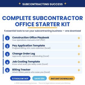 Construction Office Kit | Subcontractor Invoice, Billing, Costing (Excel, PDF)