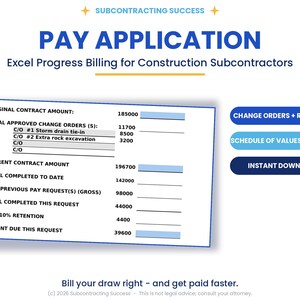 Op de afbeelding: Een digitaal document getiteld PAY APPLICATION Excel Progress Billing for Construction Subcontractors. Het toont financiële velden zoals contractbedrag, wijzigingsopdrachten en retentie. Bevat knoppen voor downloaden en een staat van waarden.