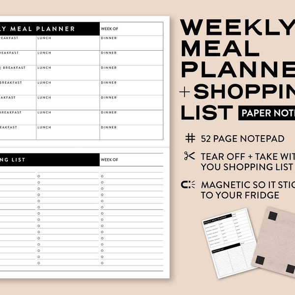 Minimalist Weekly Meal Planner Notepad with Shopping List | Menu Planner with Shopping List | Meal Prep Planner | Meal Planning Pad