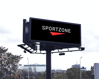 May include: A large billboard with a black background and white text that reads "SPORTZONE" in a red triangle.