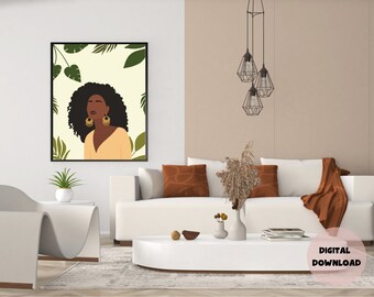 Natural Beauty Art, African American Art, Digital Download, Hoop Earring Art, Leaf Art, Minimalist Art, Black Girl Art, Self Art, Wall Art
