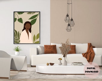 Bold Feminine Pose: African American Woman. Botanical Art. Women Wall Art. Boho Art. Home Decor Art.