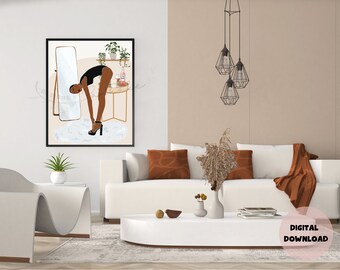 In the mirror. Night Out Prep Art. Sensual Black Girl. Digital Art. Bedroom Art. African American Women. Room Decor
