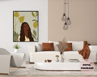Long Wavy Feminine Pose: Botanical Wall Art. Digital Download. Black Woman Art. Minimalist. Home Decor.