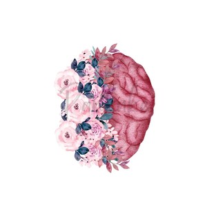 May include: Watercolor illustration of a human brain, partially adorned with a floral arrangement. The brain is rendered in shades of burgundy, while the flowers feature soft pink and purple hues with dark blue leaves, set against a white background.