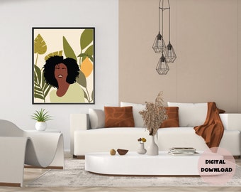 Mini Afro Lemon: Floral Wall Art. Feminine Art. Wall Art Print. Botanical Wall Art. Natural Black Girl Wall Art.