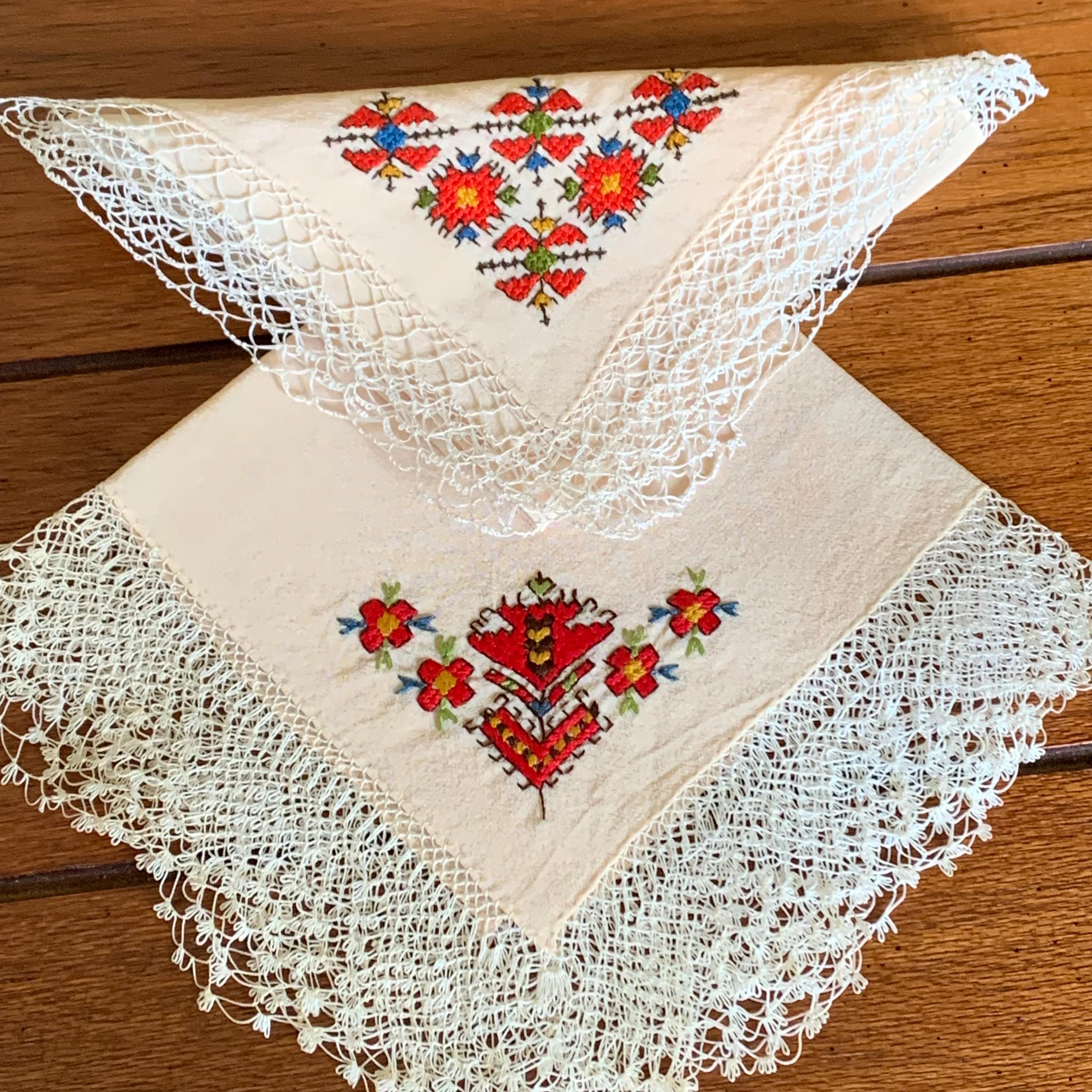 Antique Handkerchiefs, Handmade, Red Cross-Stitch, Crochet Lace Edges (Set of 2)