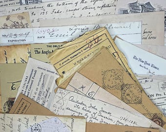 May include: A collection of vintage ephemera, including letters, envelopes, and documents. The items feature handwritten script, stamps, and various printed text, with a color palette of beige, brown, and off-white. Some items have stamps and illustrations.
