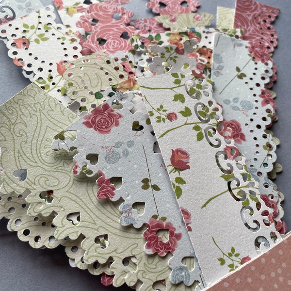 Strisce di carta colorata in stile chintz floreale con bordo in pizzo perforato a mano per scrapbooking di diari spazzatura e lavorazione della carta