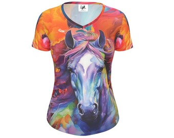S04gd-10 Womens T-Shirt-Horse-Short Sleeve-V-Neck-AOP-Graphic
