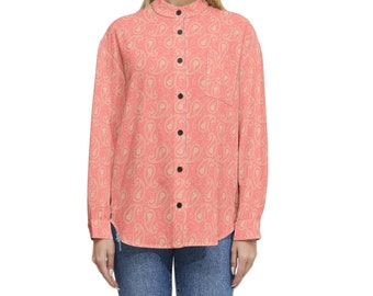 S5050 Womens Long Sleeve Button Up Casual Shirt Top-Handkerchief Paisley-Peach