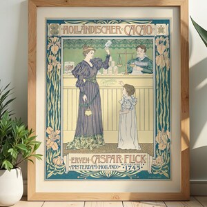 May include: A framed vintage newspaper poster with the text "VINTAGE NEWSPAPER POSTER" at the top and "DIGITAL DOWNLOAD" at the bottom. The poster features an illustration of a woman and child in a shop, with text in German.