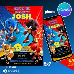 May include: A blue and red birthday invitation featuring Sonic the Hedgehog and Shadow the Hedgehog. The invitation is for Josh's 9th birthday party. The text on the invitation reads "Gotta go fast to celebrate Josh" and includes the date, time, and location of the party.