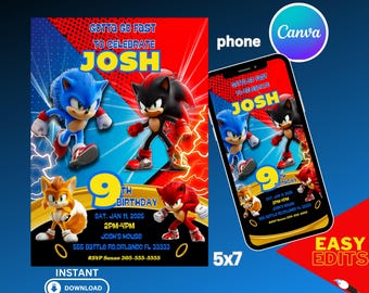 Faire-part d'anniversaire Sonic VS Shadow : modèle modifiable (téléchargement numérique)