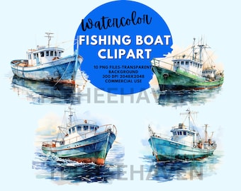 Imágenes prediseñadas de barco pesquero en acuarela: paquete PNG (uso comercial)