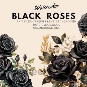 Watercolor Black Roses Clipart BUNDLE - Black roses and leaves in PNG format instant download, PNG files,