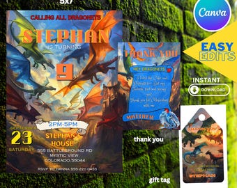Wings of Fire Birthday Invitation Bundle: Dragon Party, Thank You Card (Editable Template)