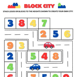 May include: A printable activity sheet with a city scene. The sheet has a grid with numbers in each square. The instructions say to stack Legos or blocks to the heights shown to create your own city. There are two cars on the sheet.
