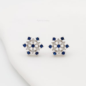 Blue and Clear CZ Snowflake Stud Earrings, Sterling Silver Pin Snow Earrings, Dainty Snowflake, Gifts for Her *S36*