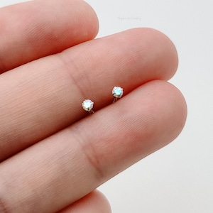 Puede incluir: Un par de pequeños pendientes de botón de plata con piedras transparentes iridiscentes.