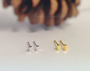 Extra Tiny Cuboid Stud Earrings, Barely Visible Sterling Silver Pin Stud Earrings, Gold or Silver, Minimalist Geometric *S01*