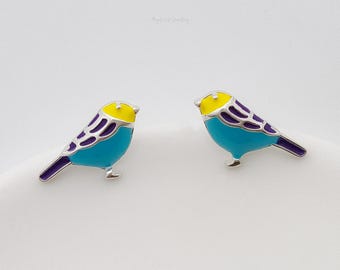 Enamel Bird Stud Earrings: S925 Silver Pins, Nature Inspired *S18*