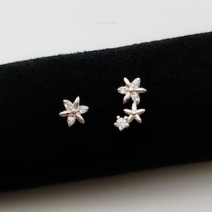 Mismatched Forget-me-not Flower CZ Stud Earrings in Sterling Silver, Tiny Flower Earrings, Nature Inspired *S56*
