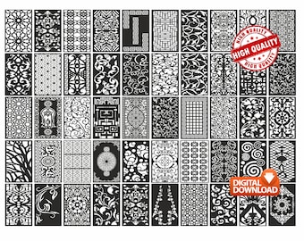 May include: A collection of black and white decorative panels with intricate cut-out designs. The panels feature various patterns, including geometric shapes, floral motifs, and abstract designs. The image includes a "HIGH QUALITY" stamp and a "DIGITAL DOWNLOAD" stamp.