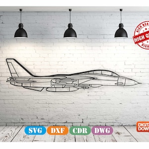 May include: A black and white line art illustration of a fighter jet on a white brick wall background. The words "HIGH QUALITY" are in a red circle on the wall. The words "SVG DXF CDR DWG DIGITAL DOWNLOAD" are on a wooden surface.