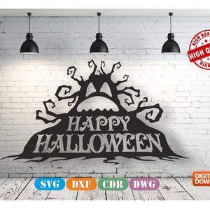 Happy Halloween Spooky Tree Wall Art Decor vectorbestand voor lasersnijden, plasmasnijden (dxf, dwg, cdr, svg) Metalic & Wood CNC-machine