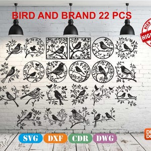 以下が含まれることがあります： 鳥と枝をモチーフにした22種類のデジタルカットファイルのセットです。ファイルはSVG、DXF、CDR、DWG形式で入手できます。画像には、飛んでいる鳥、枝にとまっている鳥、歌っている鳥など、さまざまな鳥のデザインが描かれています。これらのデザインは、ユニークなクラフト、ホームデコレーションなどを作成するのに最適です。