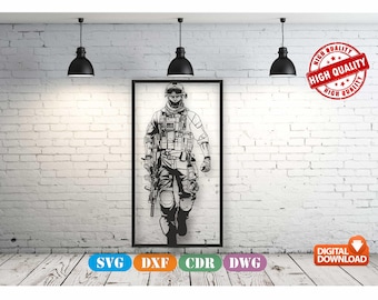 May include: Black and white illustration of a soldier in tactical gear, framed in a black border. The image is set against a white brick wall with three black pendant lights. The words "HIGH QUALITY" are in a red circle.