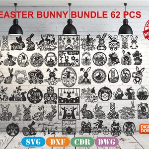 May include: A collection of 62 black and white Easter bunny and egg SVG, DXF, CDR, and DWG cut files. The files feature various designs, including bunnies holding carrots, eggs with happy Easter text, and bunnies with baskets. The files are perfect for creating Easter crafts, decorations, and gifts.