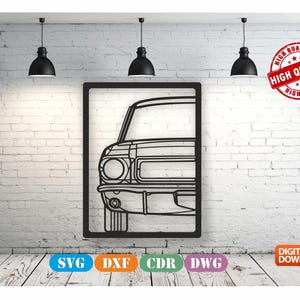 May include: Black and white line art illustration of a classic car, viewed from the front. The car has a large grill and headlights. The image is framed in a black rectangle.