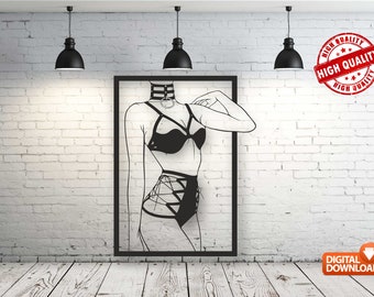 Arte mural vectorial de chica fetichista, archivo CNC cortado con láser (descarga digital)