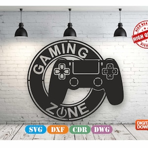 May include: A black and white digital download design of a gaming zone sign with a video game controller. The sign says "Gaming Zone" in a circle with a video game controller inside the circle.