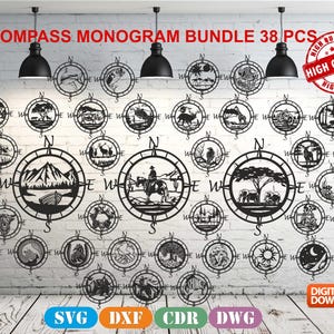 Kompass-Monogramm-Wand-Kunst-Dekorvektor-Zeichnungsdatei für Laserschneiden, Plasmenschneiden (dxf, dwg, cdr, svg) Metallic & Holz CNC-Maschine!