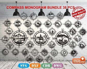 Compass Monogram Wall art  Decor vector drawing file for laser cutting , plasma cutting( dxf , dwg , cdr , svg )Metalic & Wood CNC machine!