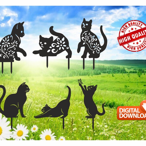 Katzen Garten Pfähle Hochwertige Vektor Zeichnung Datei zum Laserschneiden ( dxf , dwg , cdr , svg ) 6 Stück
