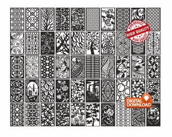 May include: A set of 48 black and white digital download files featuring intricate patterns for laser cutting. The patterns include floral, geometric, and nature-inspired designs.