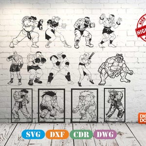 May include: Black and white illustrations of various fighting game characters in action poses. The image includes a "High Quality" stamp and a "Digital Download" icon. The bottom row features framed character art, with SVG, DXF, CDR, and DWG icons.