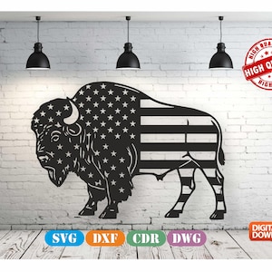 American Buffalo SVG, file di taglio DXF della bandiera patriottica del bisonte per laser e plasma CNC, arte murale della fauna selvatica degli Stati Uniti, download digitale - Dxf Dwg Cdr Svg