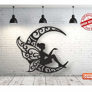 Fairy on Moon Wall Art Decor: Laser Cut CNC Vector File (Digital Download)